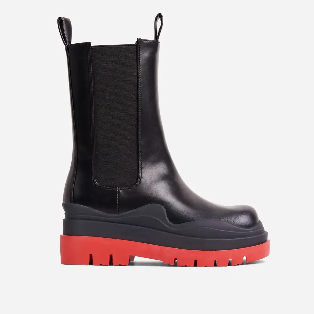RED CHUNKY SOLE ANKLE CHELSEA BIKER BOOT